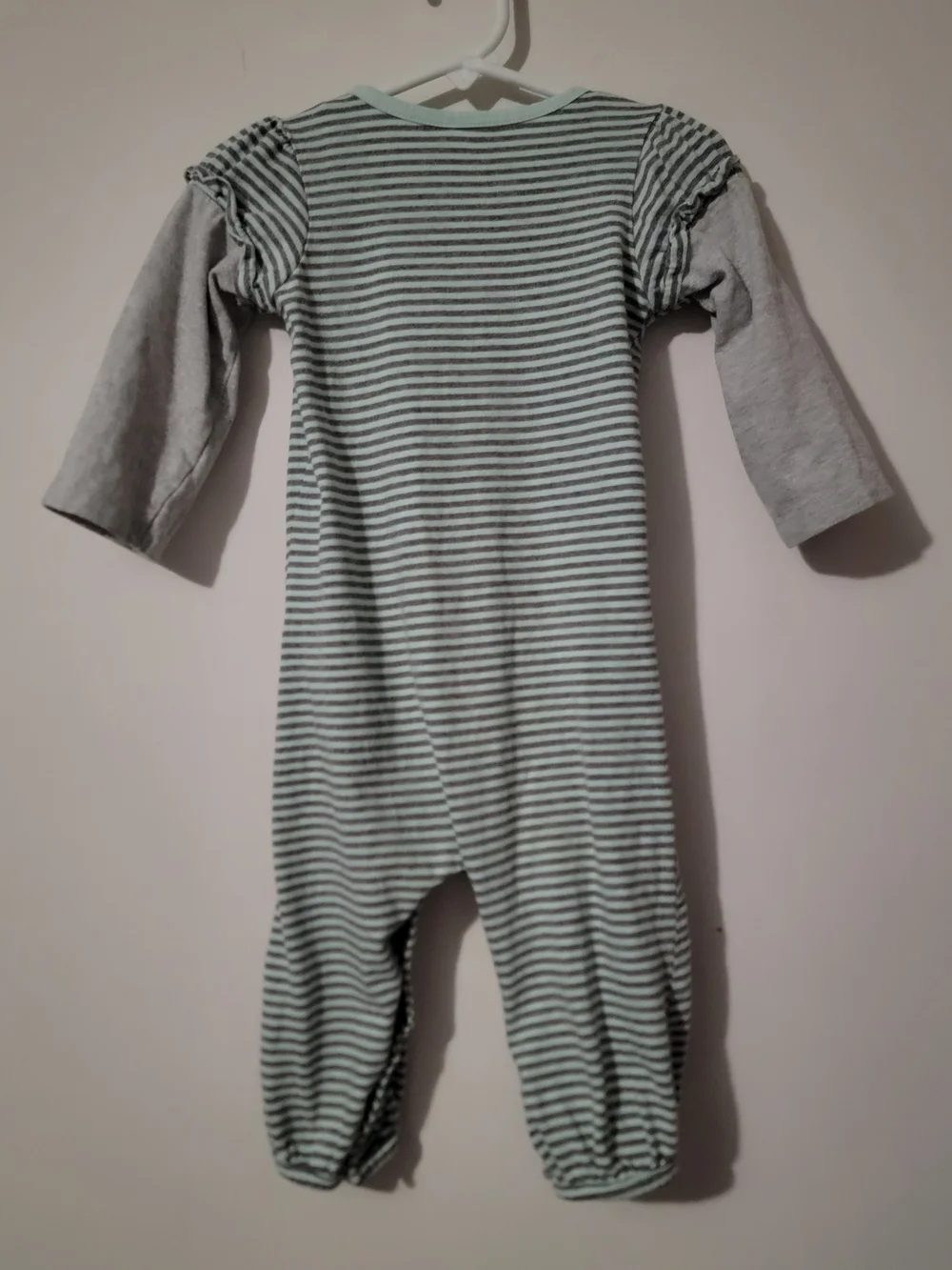 Striped Mint and Gray Baby One-Piece with Panda Appliqué